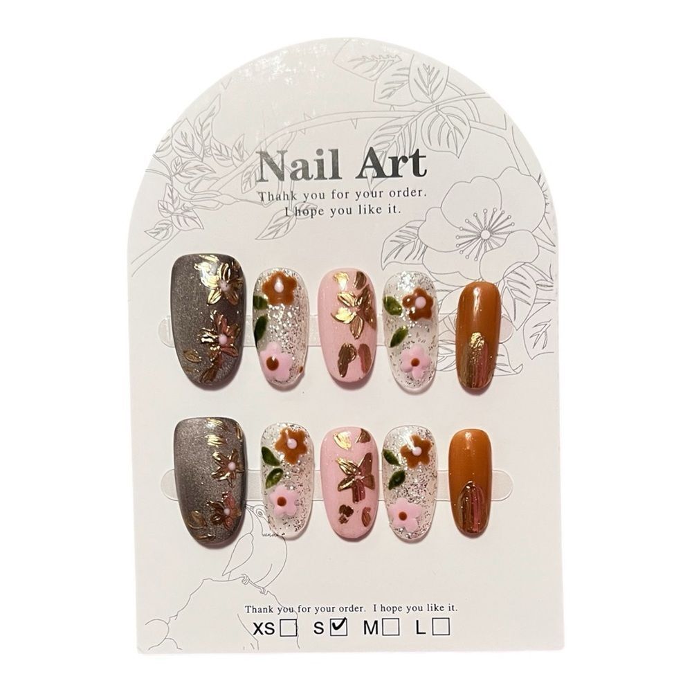 Stylish Handmade Multicolor Floral Oval Shape Press-On Nails Size S